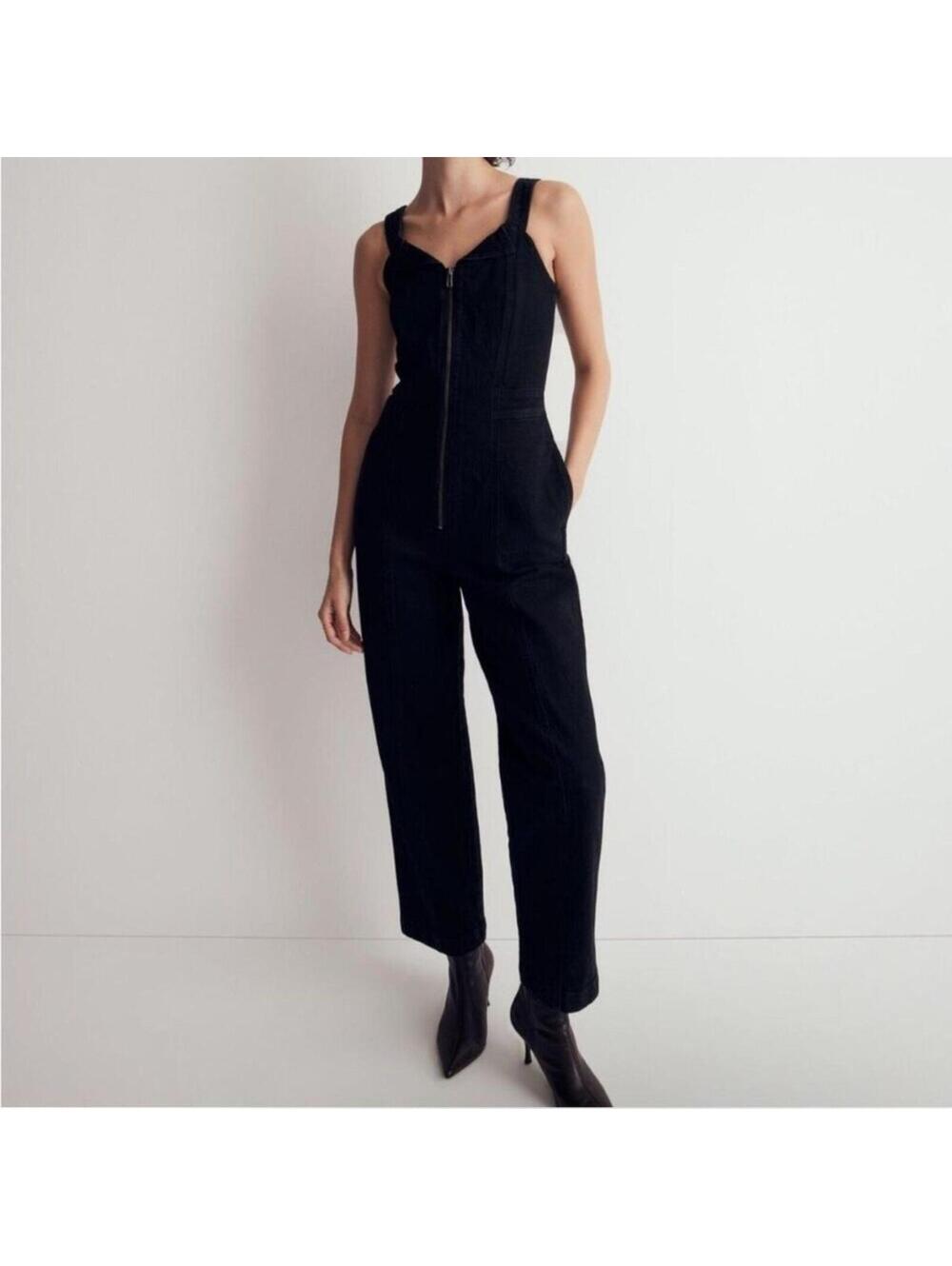 Women's Madewell Black Denim Zip Front sleeveless Jumpsuit size 16